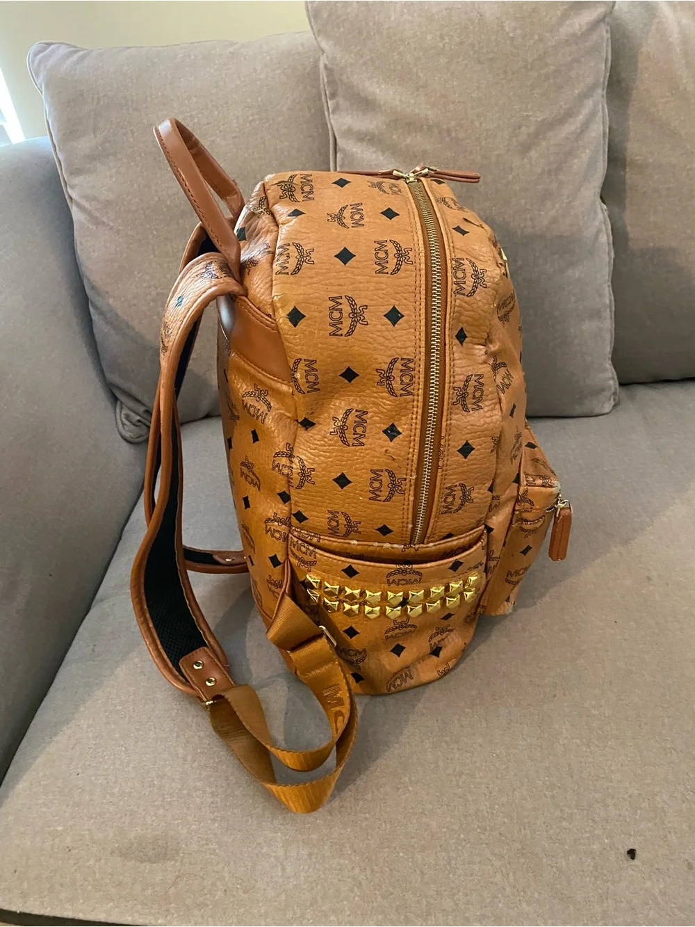 MCM Brown Visetos Logo Backpack with Gold Hardware